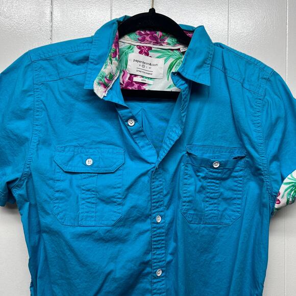 Paper Denim & Cloth Button Down Short Sleeve Women's Blue Shirt Size Medium Slim - Picture 3 of 13